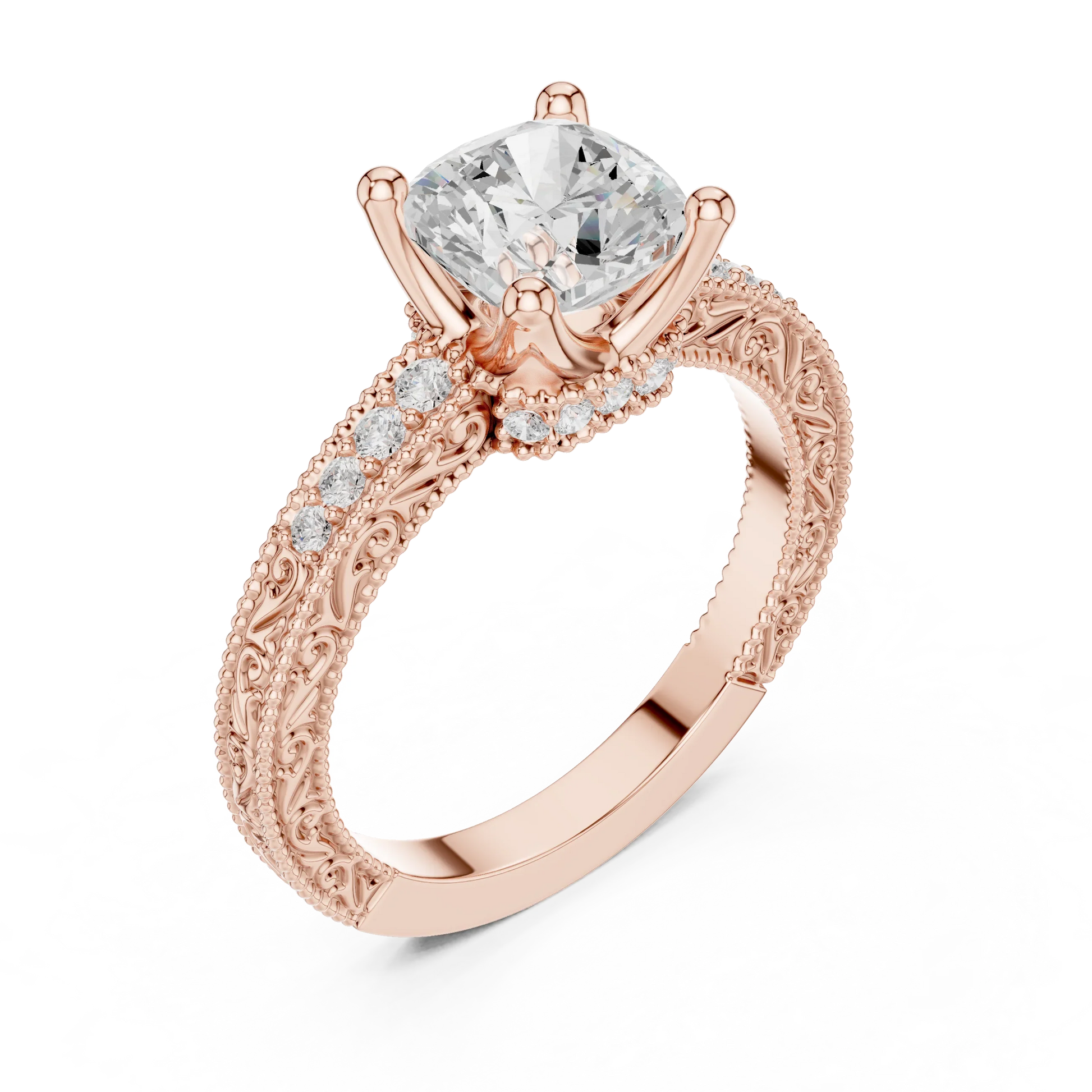 Front view of rose gold cushion vintage filigree ring with milgrain, channel set diamond band and lab-grown diamond – Australia