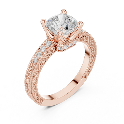 Front view of rose gold cushion vintage filigree ring with milgrain, channel set diamond band and lab-grown diamond – Australia