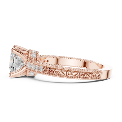 Side view of rose gold cushion vintage filigree ring with milgrain, channel set diamond band and lab-grown diamond – Australia