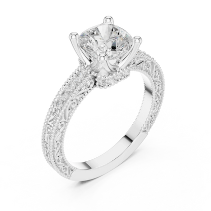 Front view of white gold cushion vintage filigree ring with milgrain, channel set diamond band and lab-grown diamond – Australia