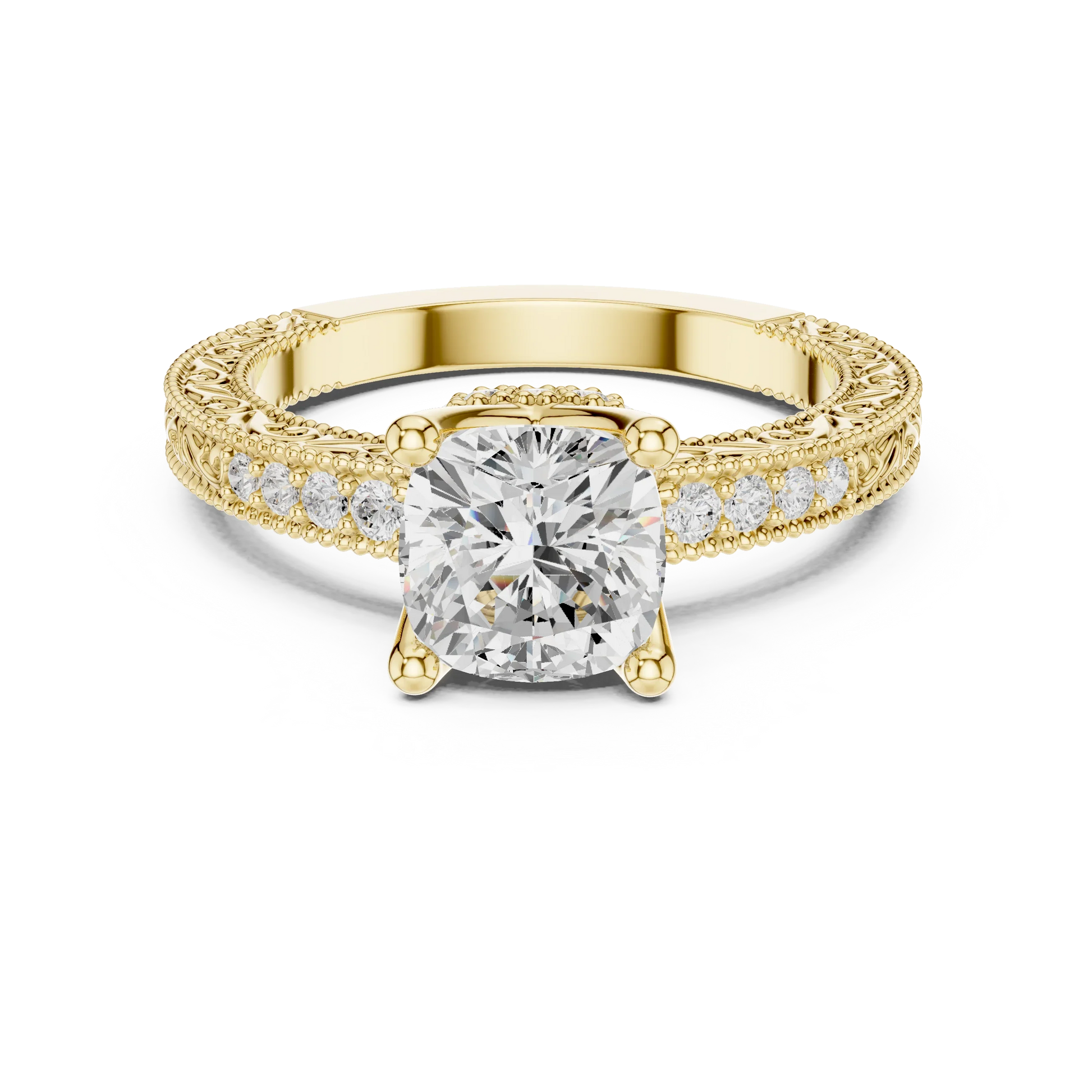 Cushion vintage filigree ring in yellow gold with milgrain, channel set diamond band and lab-grown diamond – Australia