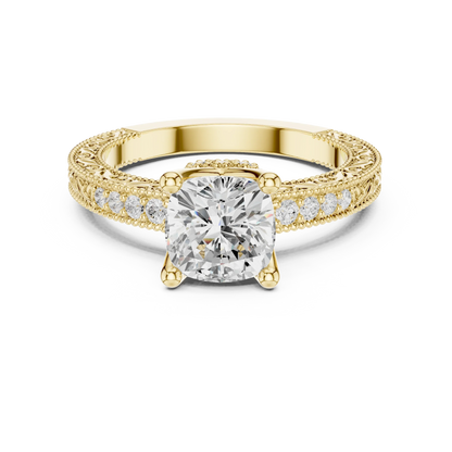 Cushion vintage filigree ring in yellow gold with milgrain, channel set diamond band and lab-grown diamond – Australia