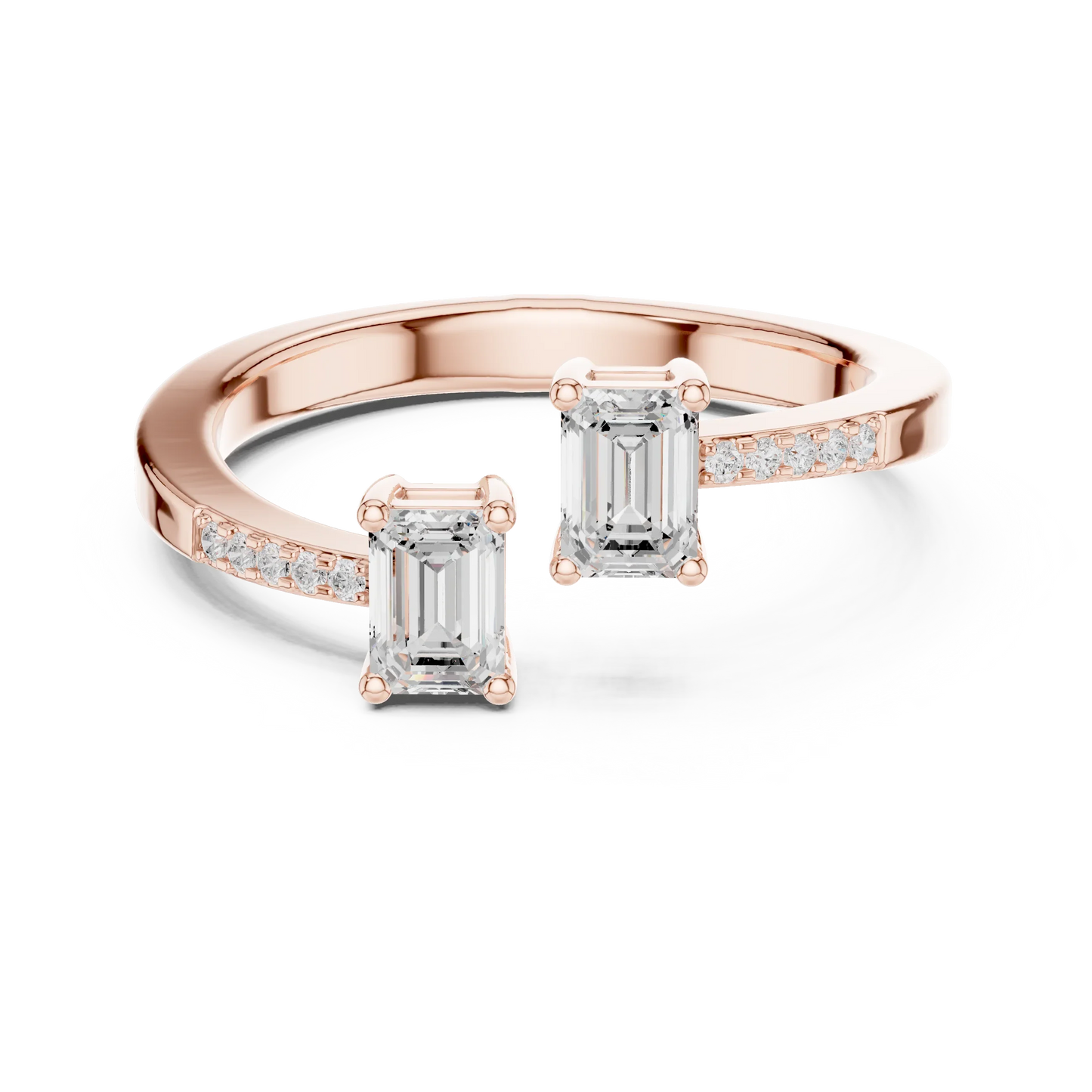 Double emerald open gap two stone ring with lab-grown emeralds and pavé band in rose gold with modern finish