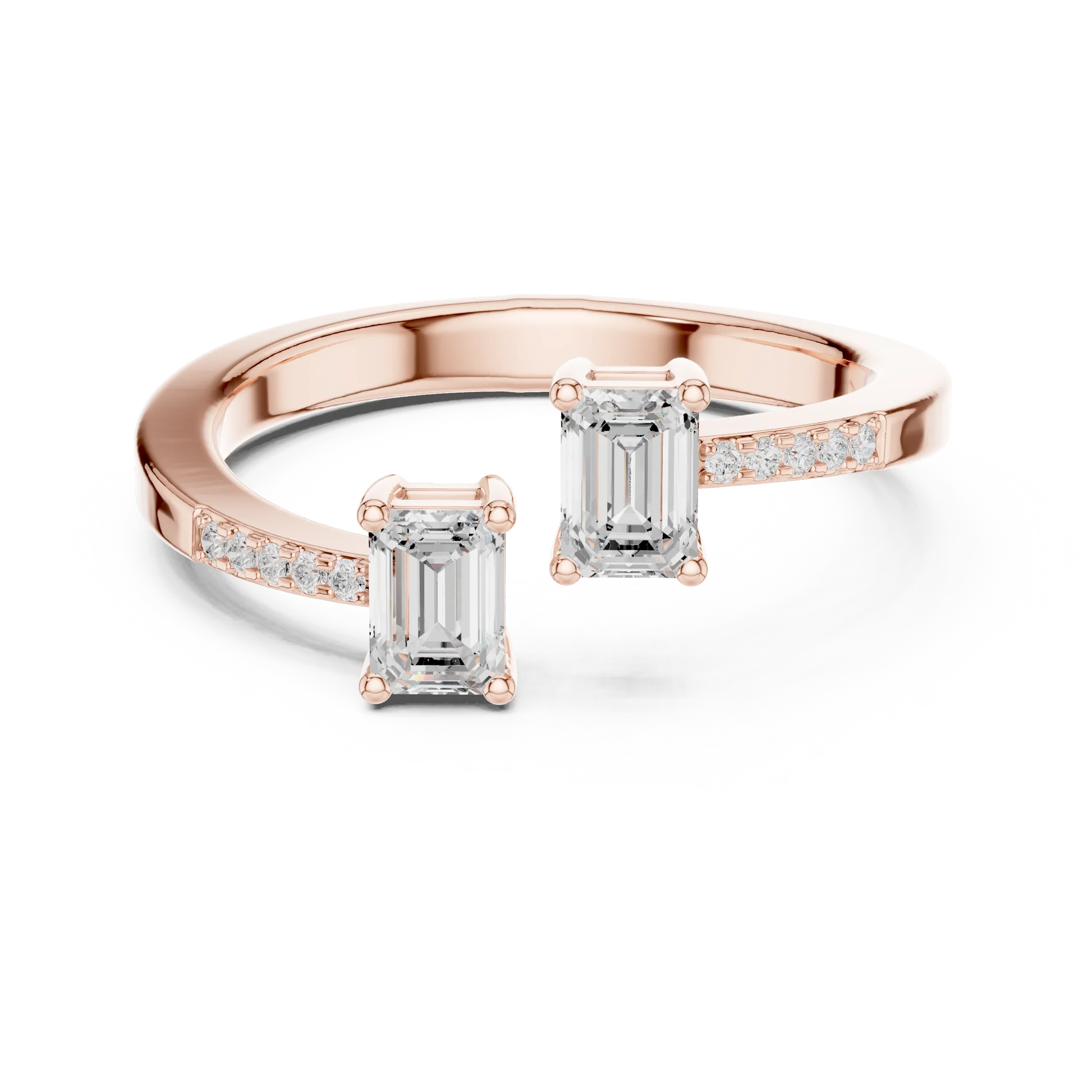 Double emerald open gap two stone ring with lab-grown emeralds and pavé band in rose gold with modern finish