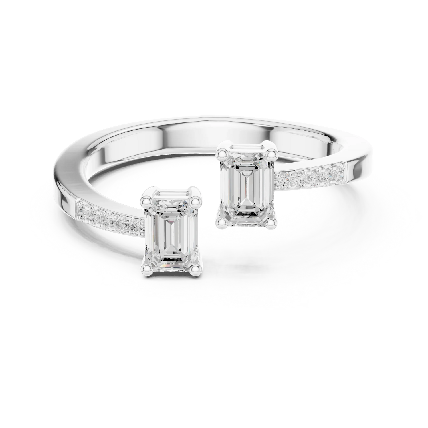 Double emerald open gap two stone ring with lab-grown emeralds and pavé band in white gold, Australia collection