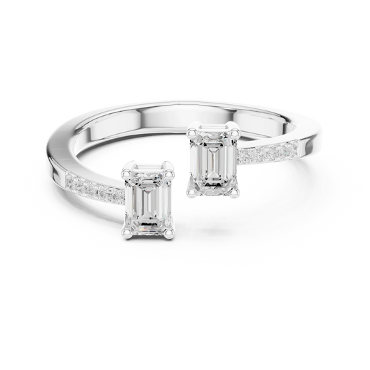 Double emerald open gap two stone ring with lab-grown emeralds and pavé band in white gold, Australia collection