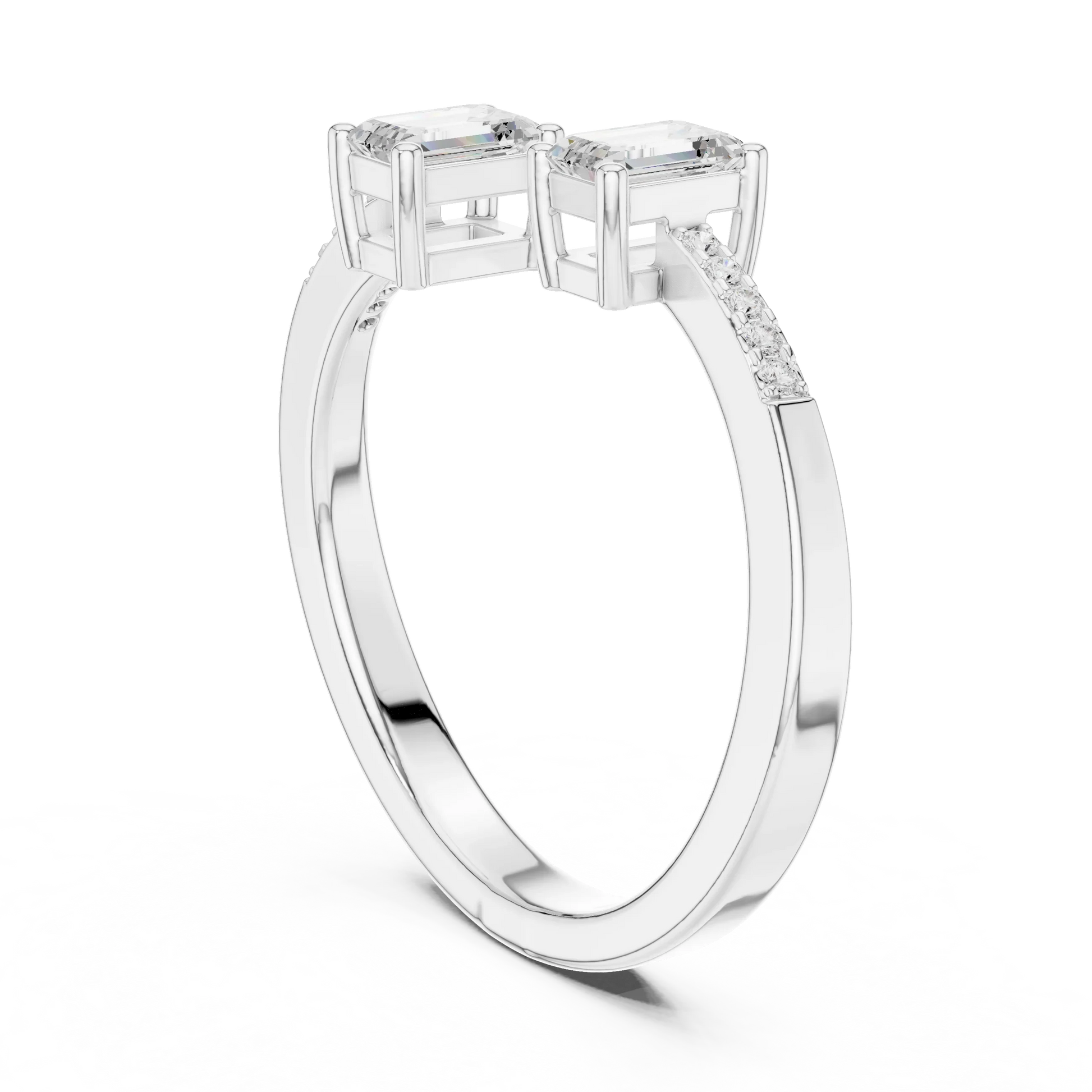 Back view of white gold double emerald open gap ring with lab-grown stones and pavé band
