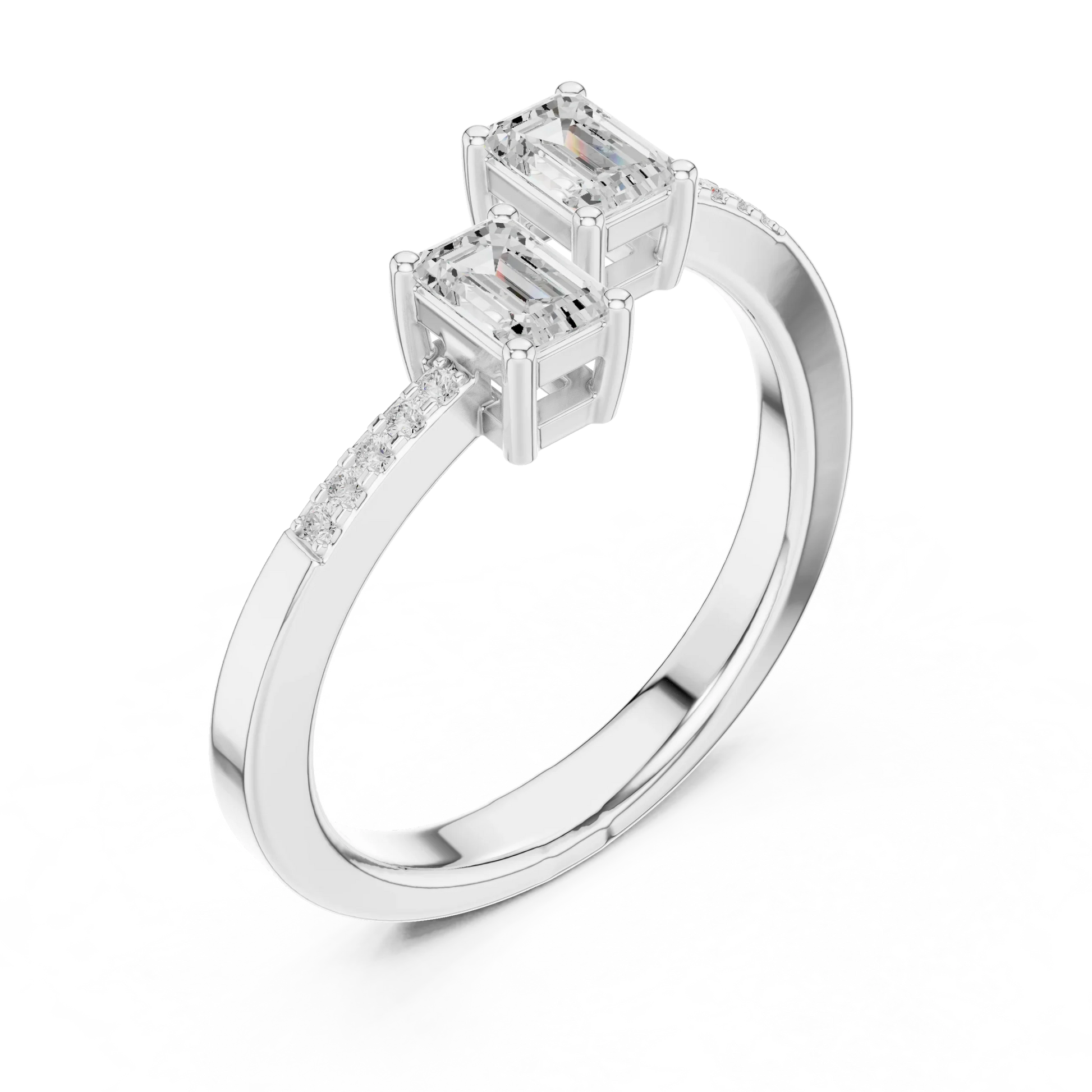 Front view of white gold two stone ring with double emerald lab-grown gemstones and pavé band