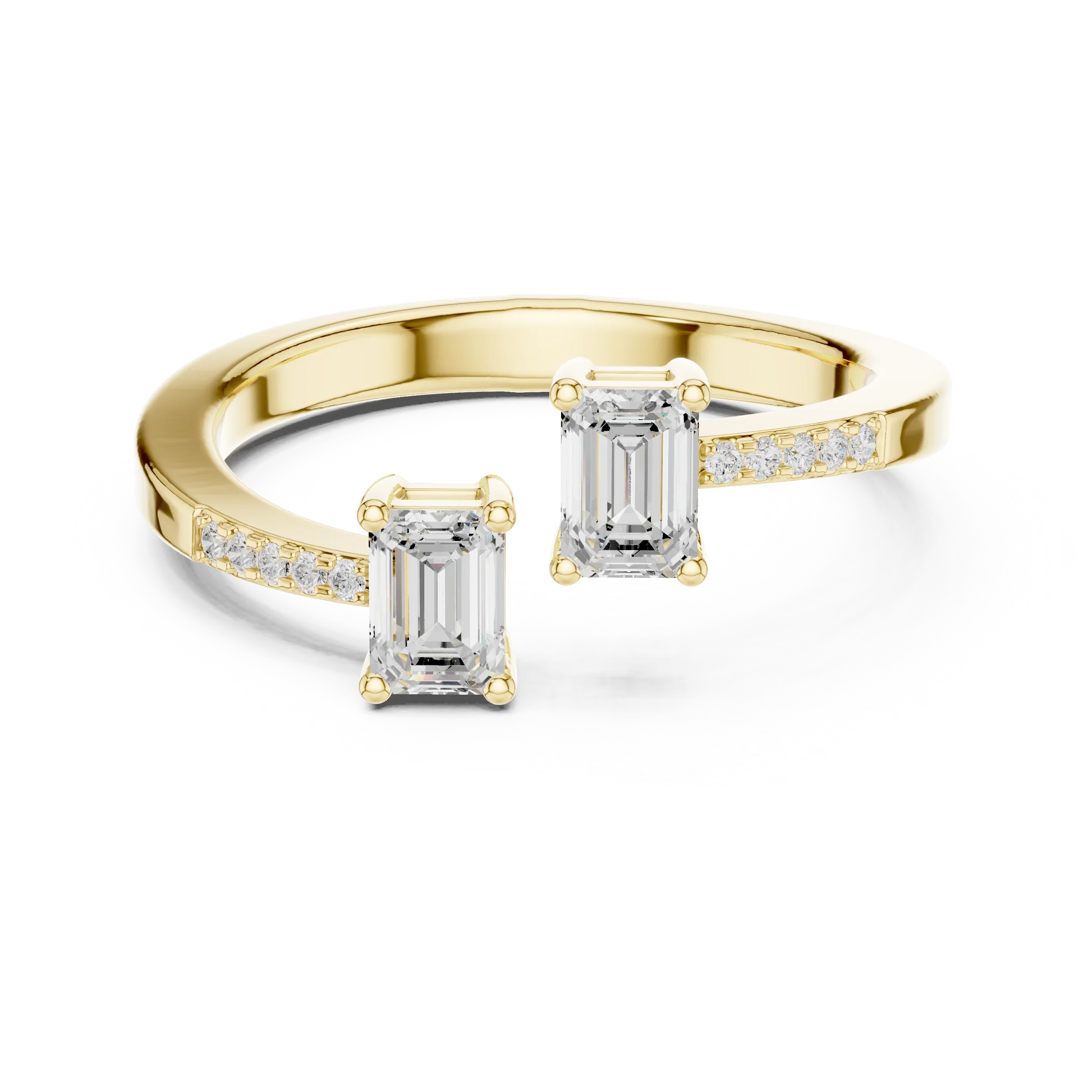 Double emerald open gap two stone ring with lab-grown emeralds and pavé band in yellow gold