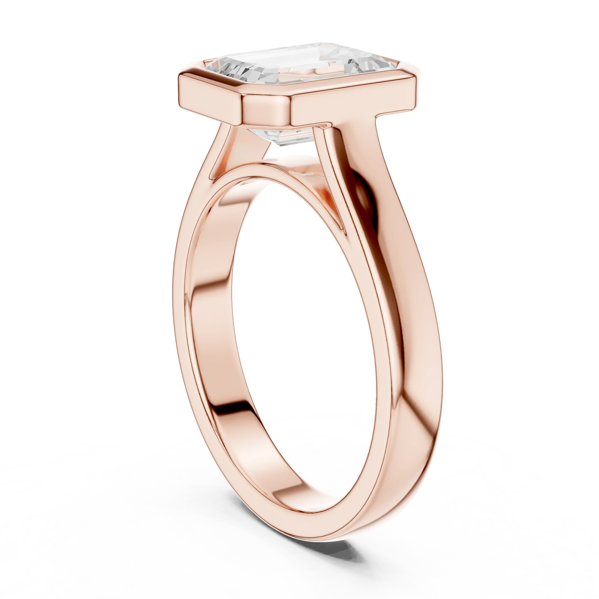 Back side view of rose gold emerald bezel solitaire ring with lab-grown diamond – Australia