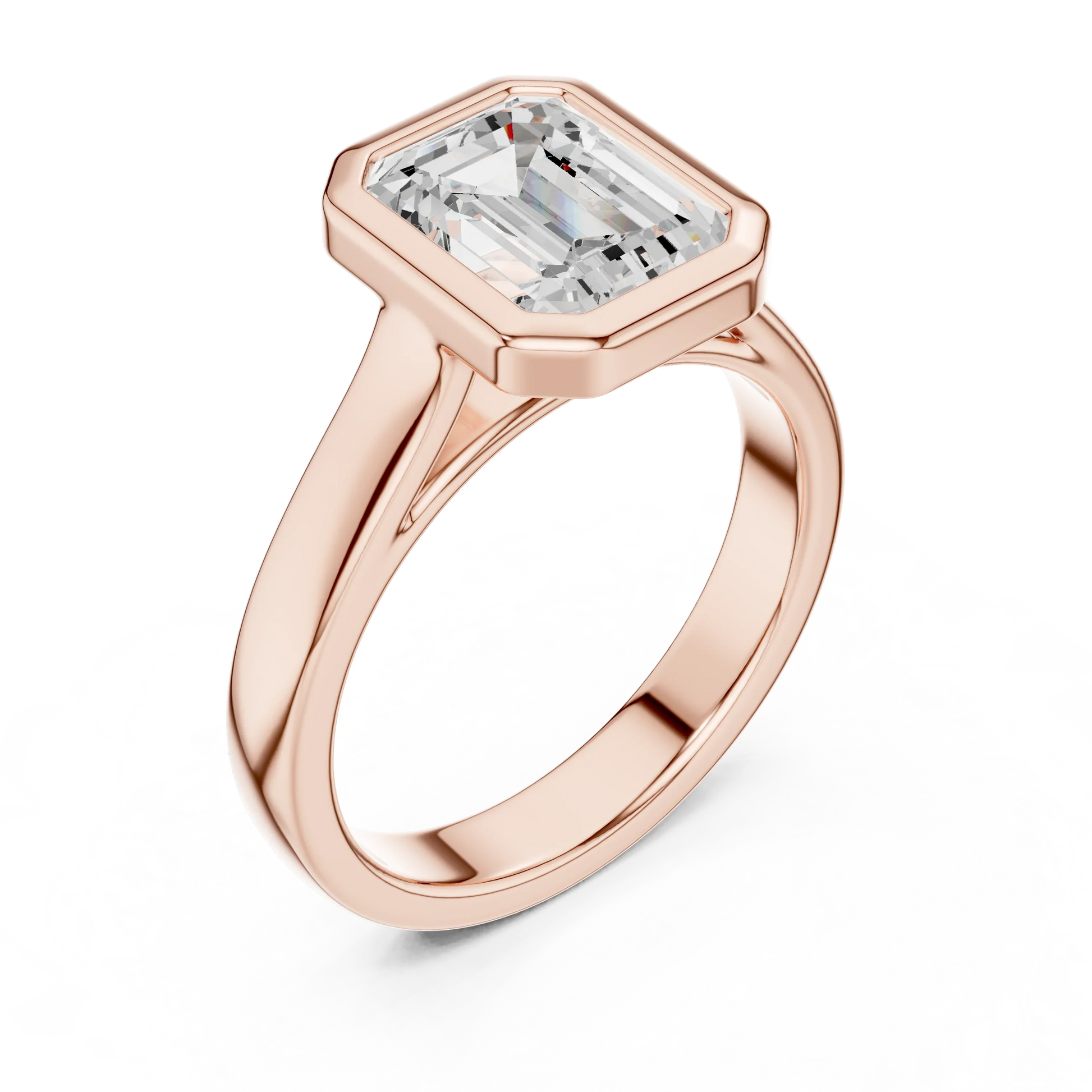 Front view of rose gold emerald bezel solitaire ring with lab-grown diamond – Australia