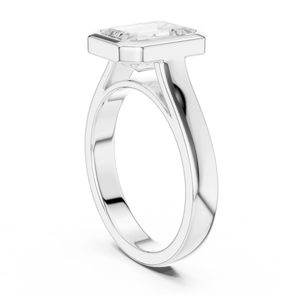 Back side view of white gold emerald bezel solitaire ring with lab-grown diamond – Australia