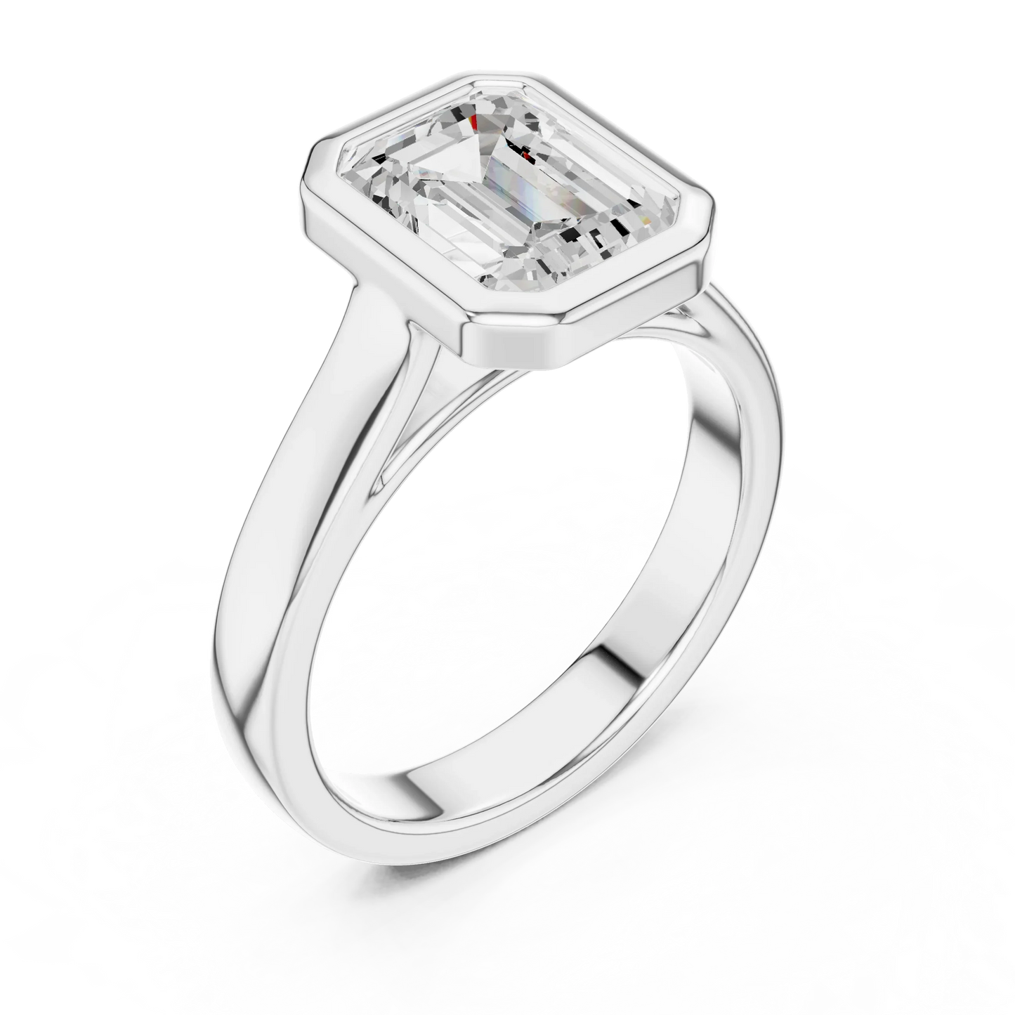 Front view of white gold emerald bezel solitaire ring with lab-grown diamond – Australia