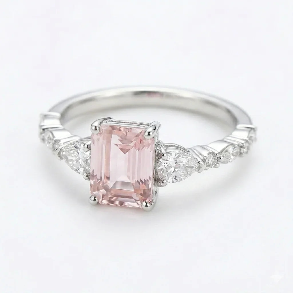 Emerald cut center stone ring with trillion side stones in white gold with lab-grown diamonds – Australia