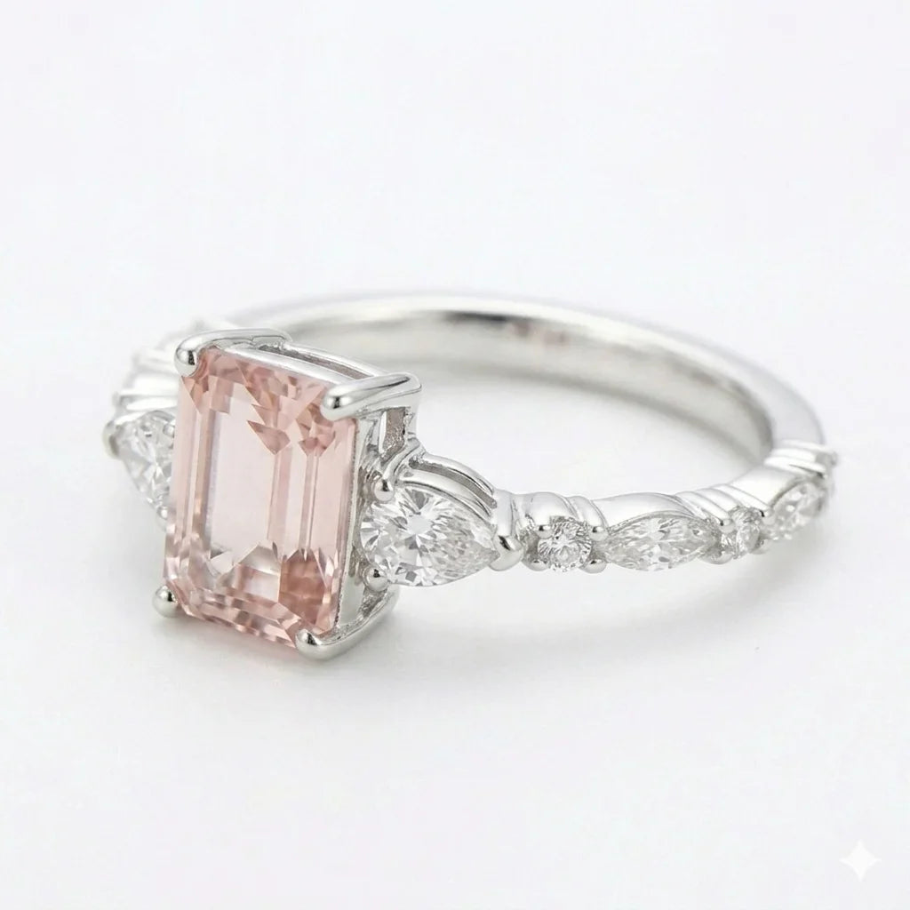 Left side view of white gold emerald cut center stone ring with trillion side stones and lab-grown diamonds – Australia