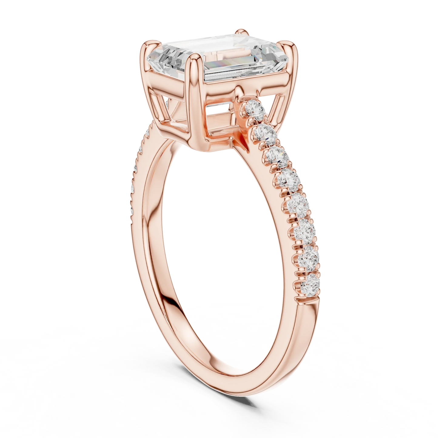 Back side view of rose gold emerald-cut diamond pavé band ring showing band and setting details