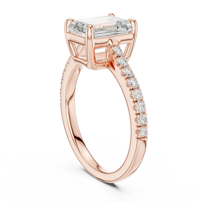 Back side view of rose gold emerald-cut diamond pavé band ring showing band and setting details