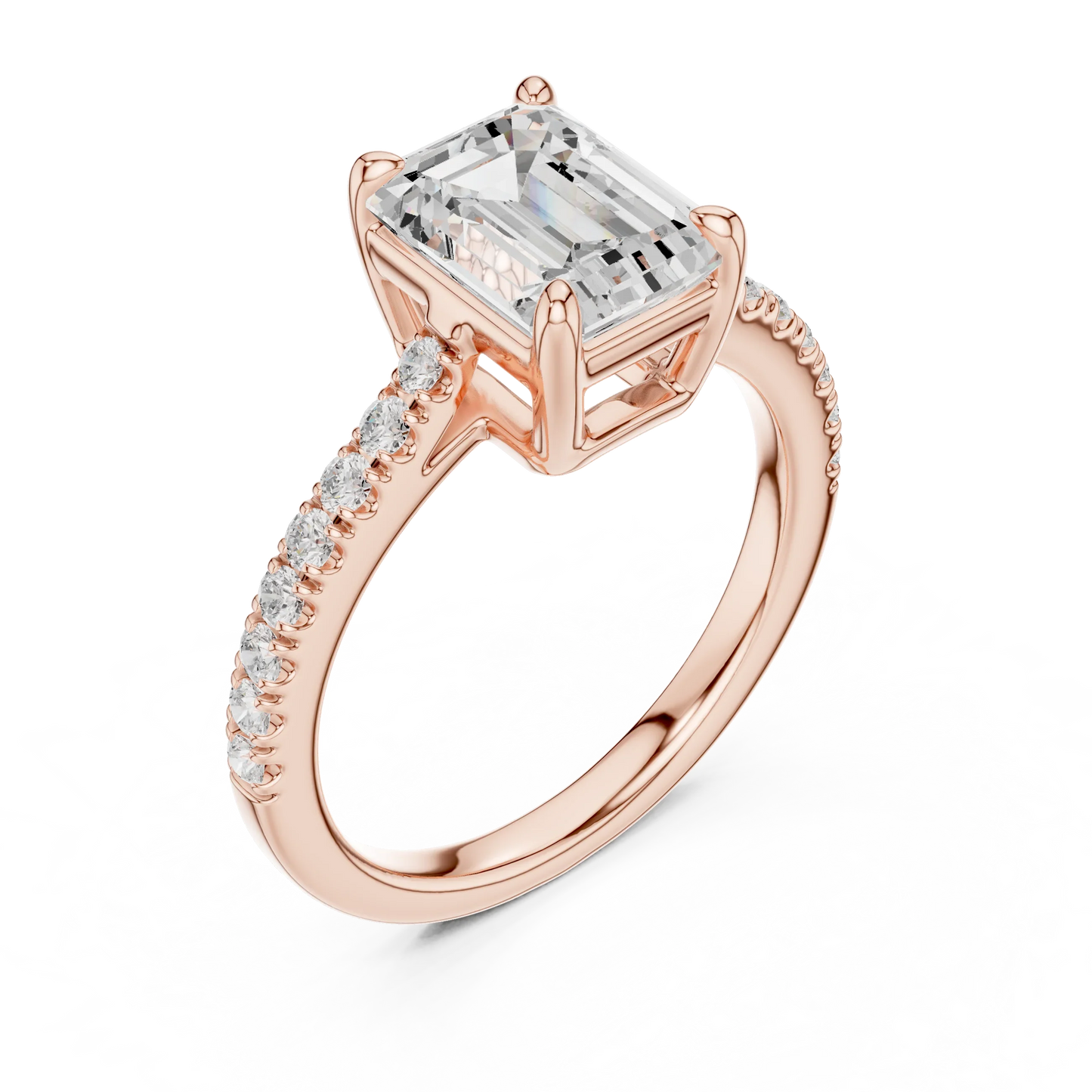 Front view of rose gold emerald-cut diamond pavé band ring