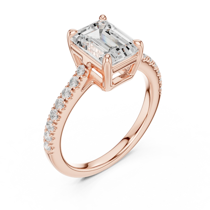 Front view of rose gold emerald-cut diamond pavé band ring