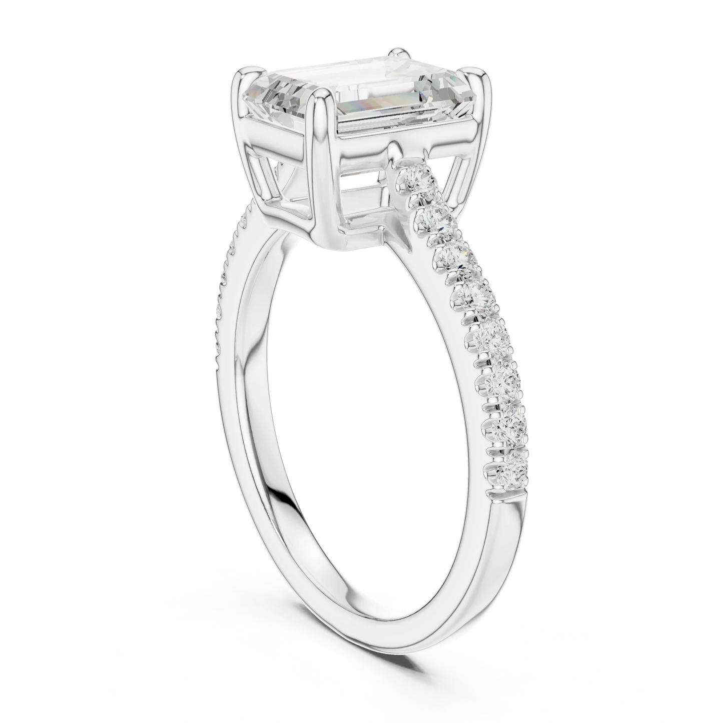 Back side view of white gold emerald-cut diamond pavé band ring showing band and setting details