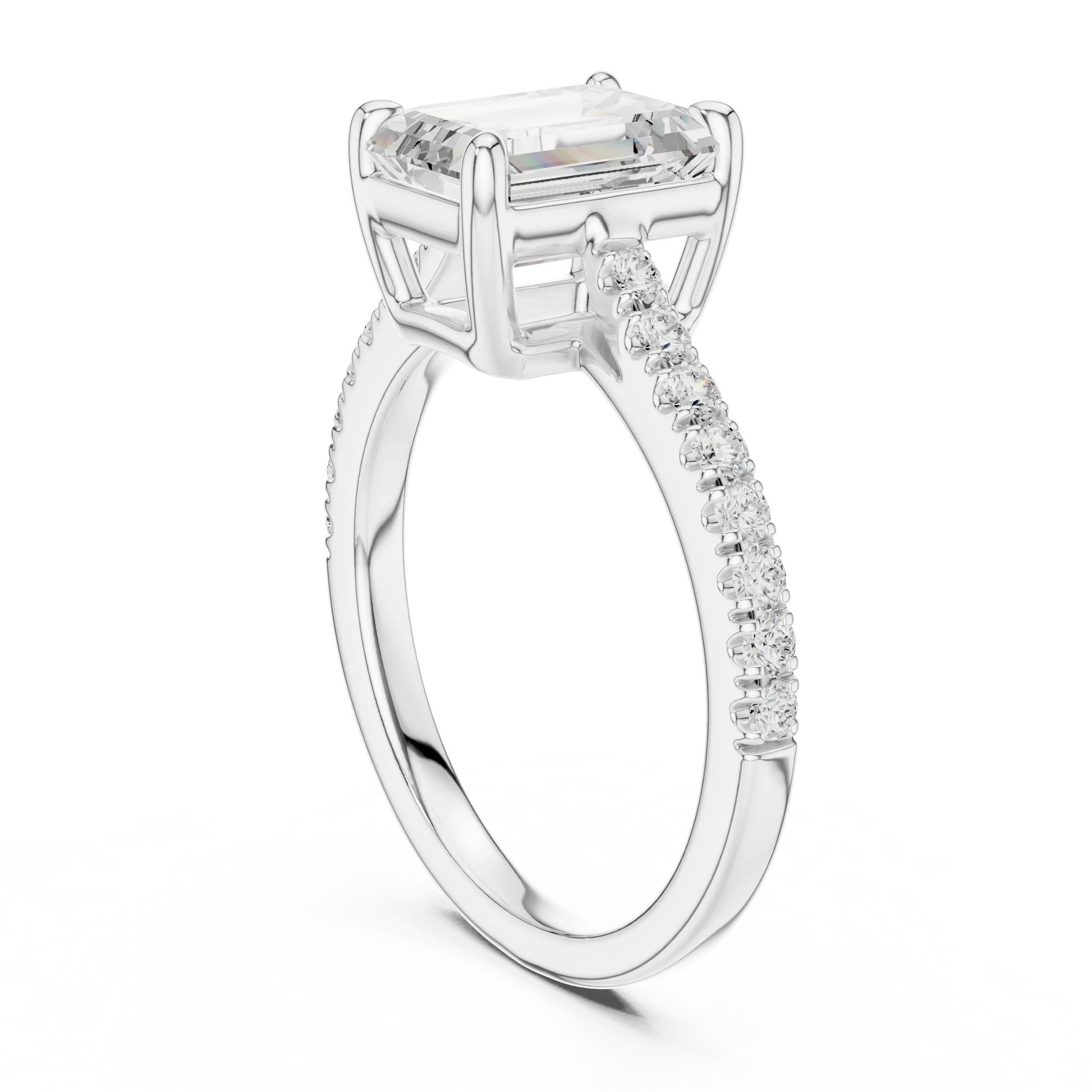 Back side view of white gold emerald-cut diamond pavé band ring showing band and setting details