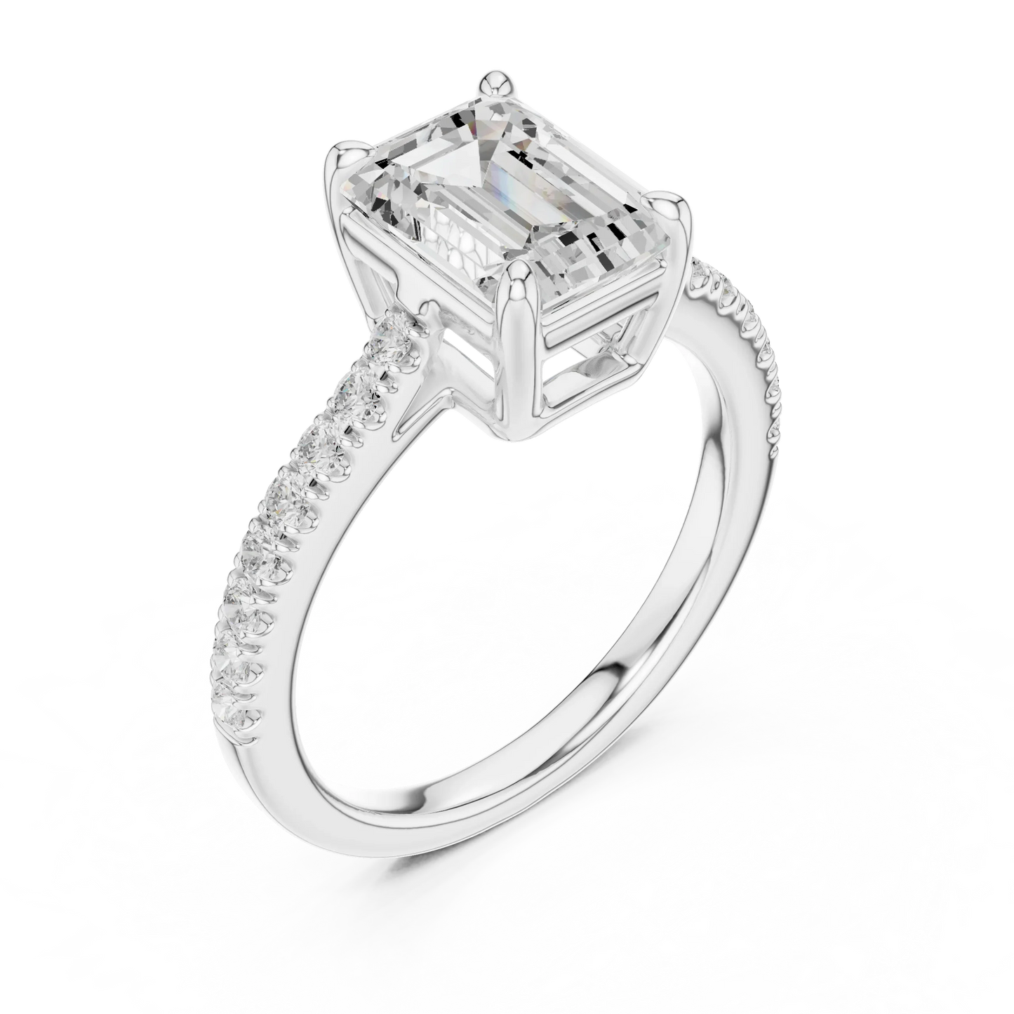 Front view of white gold emerald-cut diamond pavé band ring