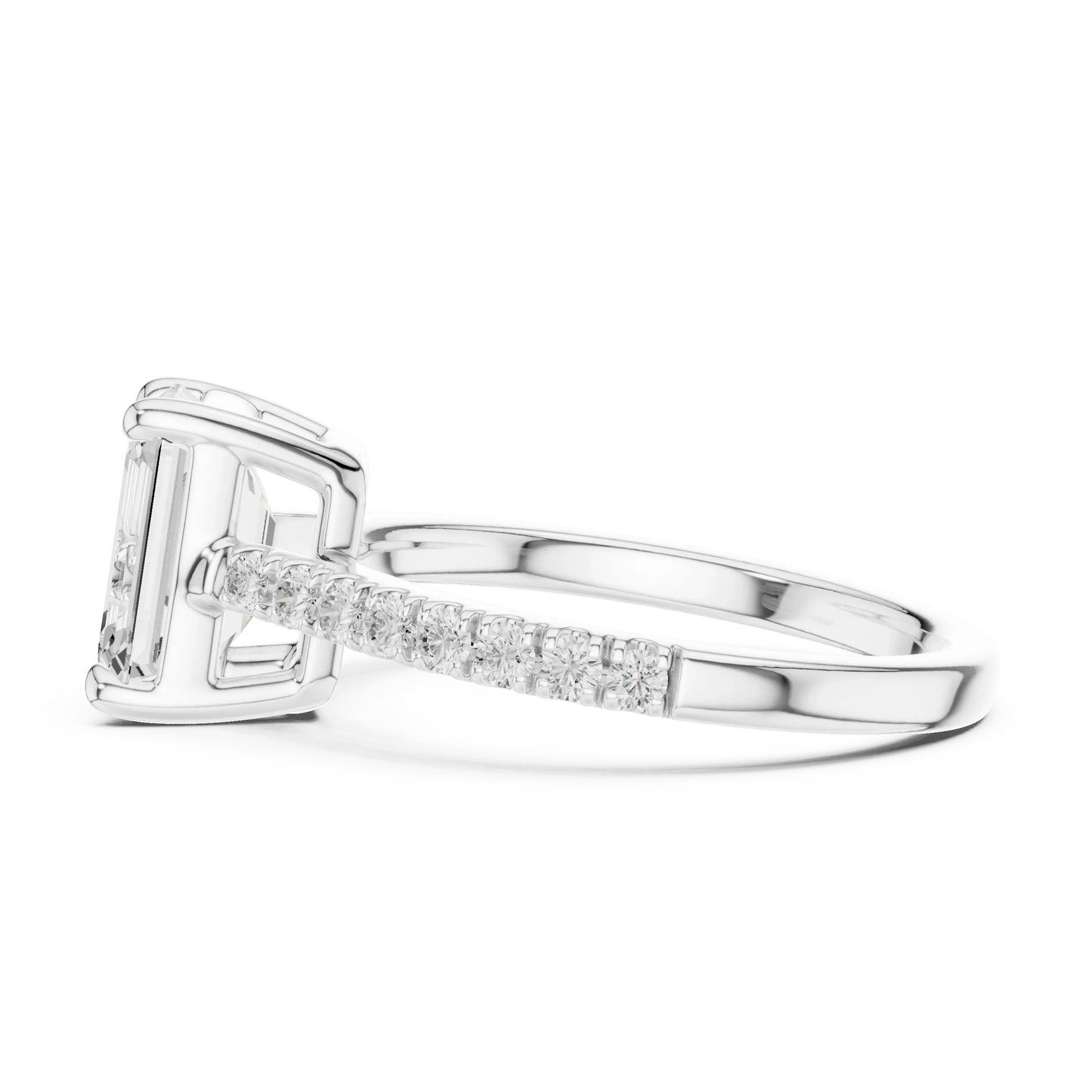 Side view of white gold emerald-cut diamond pavé band ring with detailed band setting