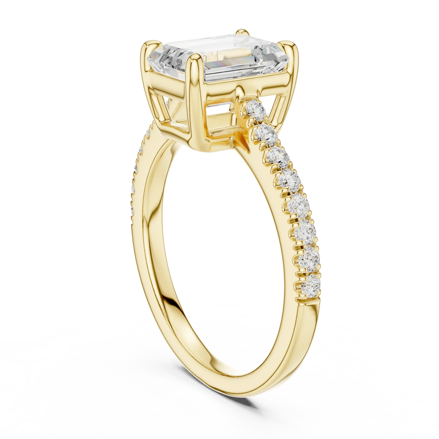 Back side view of yellow gold emerald-cut diamond pavé band ring showing band structure
