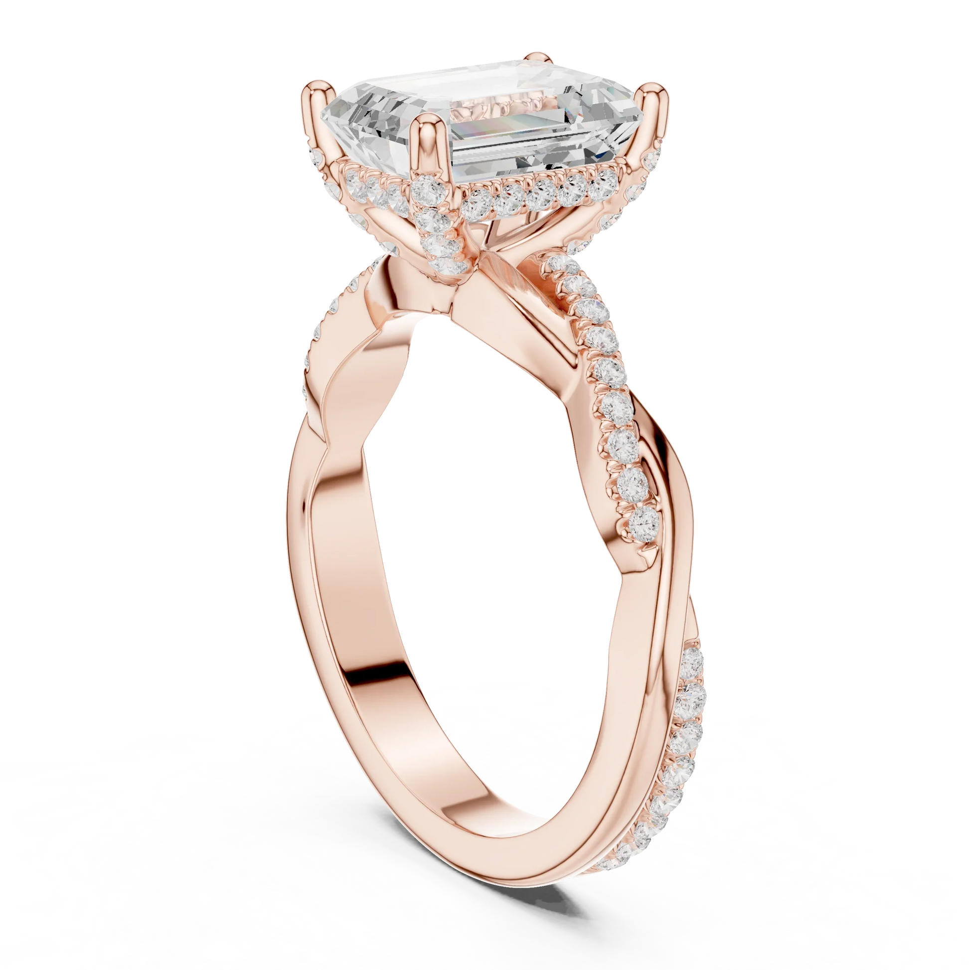 Back view of rose gold emerald diamond ring with twisted vine pave band and lab-grown diamond – Australia