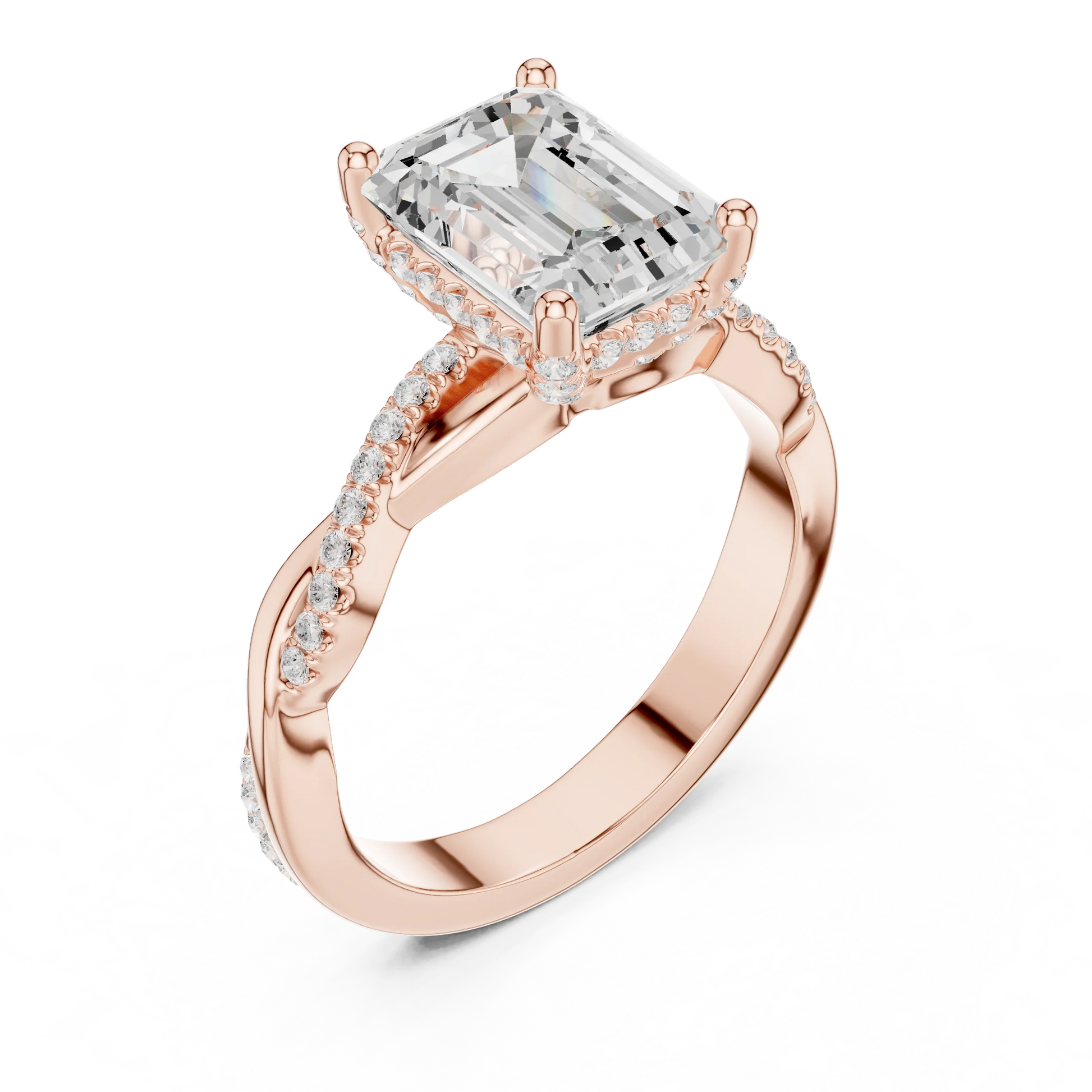 Front view of rose gold emerald diamond ring with twisted vine pave band and lab-grown diamond – Australia