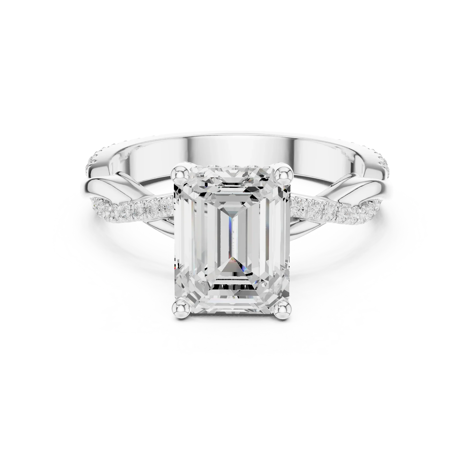 Emerald diamond ring in white gold with twisted vine pave band and lab-grown diamond – Australia