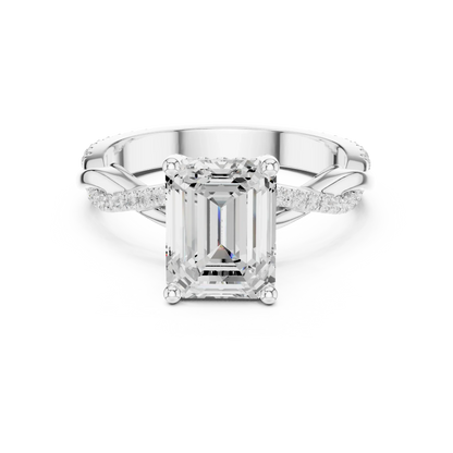 Emerald diamond ring in white gold with twisted vine pave band and lab-grown diamond – Australia