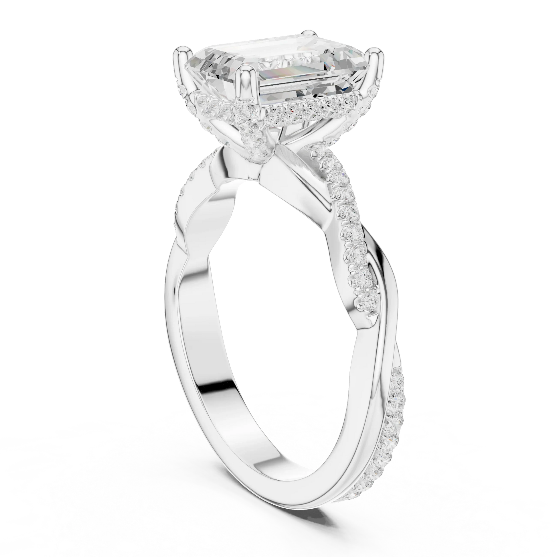 Back view of white gold emerald diamond ring with twisted vine pave band and lab-grown diamond – Australia