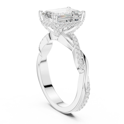 Back view of white gold emerald diamond ring with twisted vine pave band and lab-grown diamond – Australia