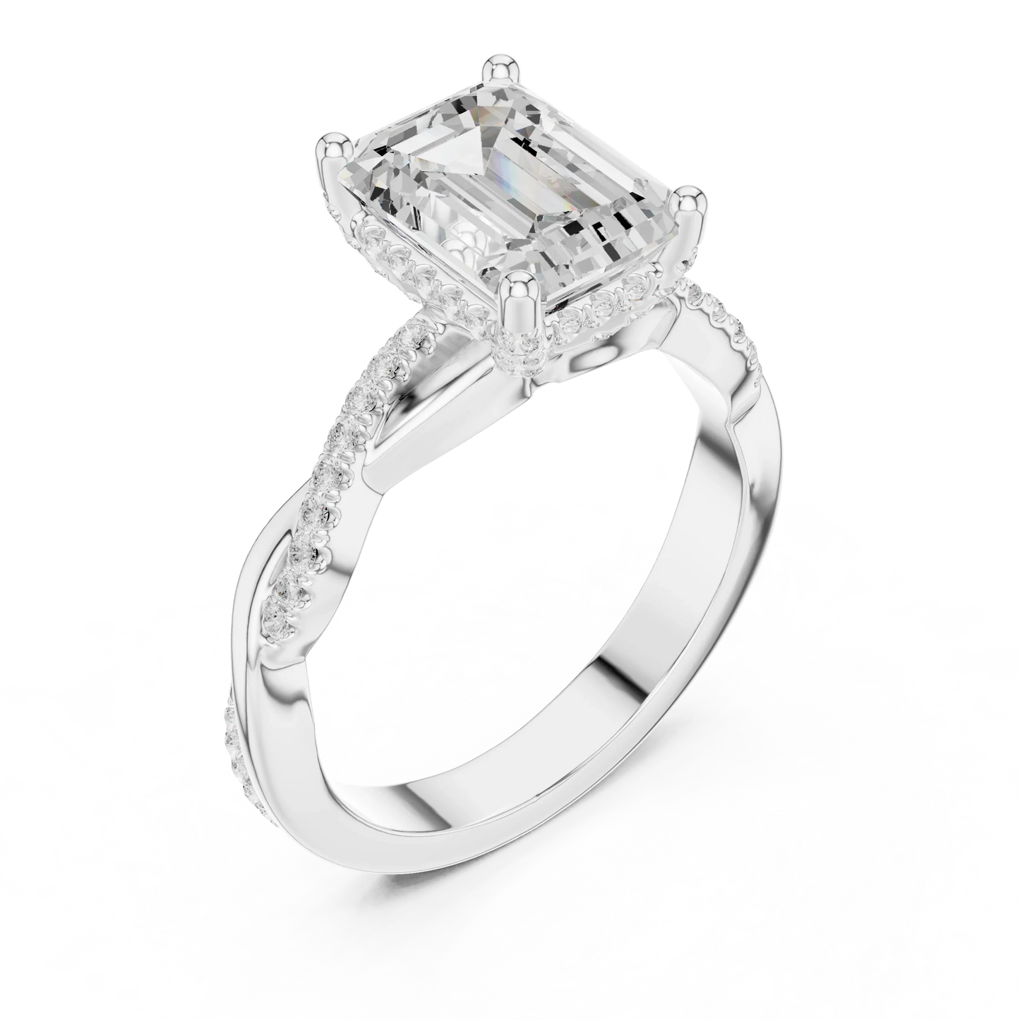 Front view of white gold emerald diamond ring with twisted vine pave band and lab-grown diamond – Australia