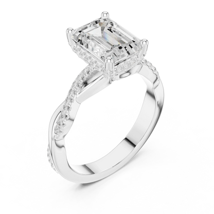 Front view of white gold emerald diamond ring with twisted vine pave band and lab-grown diamond – Australia