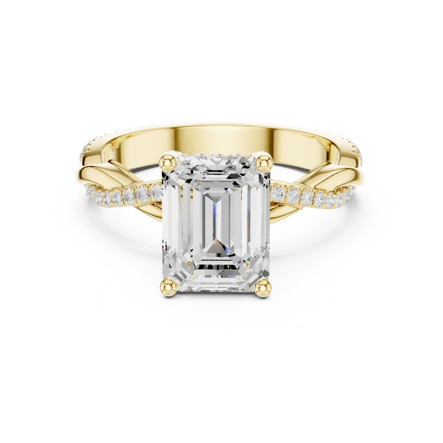 Emerald diamond ring in yellow gold with twisted vine pave band and lab-grown diamond – Australia