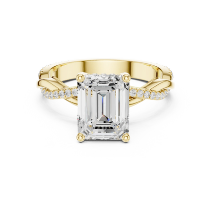 Emerald diamond ring in yellow gold with twisted vine pave band and lab-grown diamond – Australia
