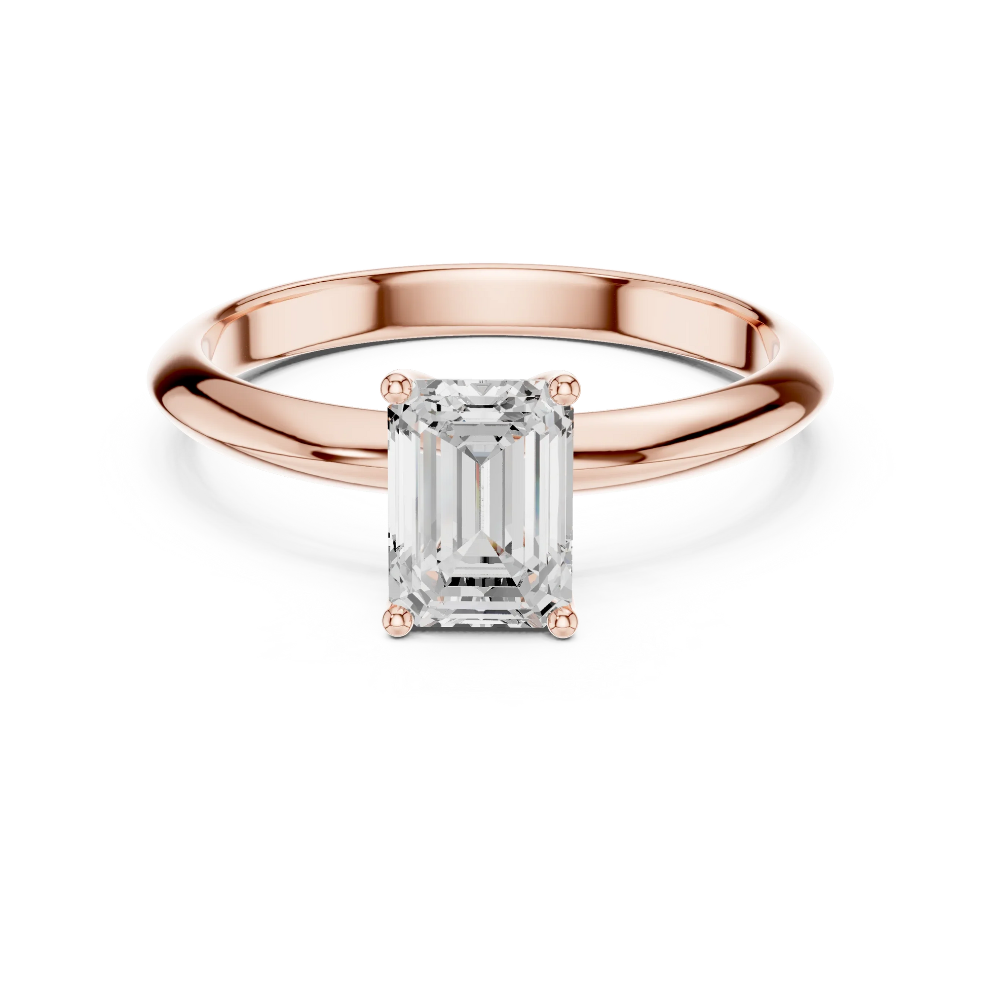 Lab-grown emerald cut diamond solitaire ring in rose gold, soft tone top view.