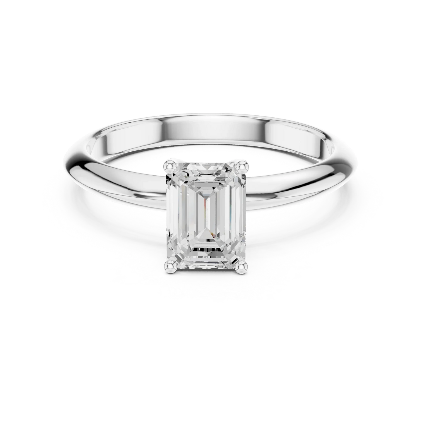 Lab-grown emerald cut diamond solitaire ring in white gold, elegant top view.