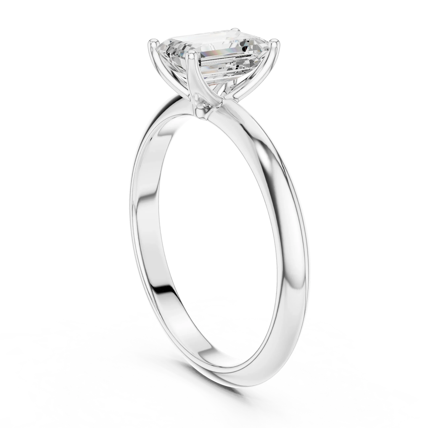 Back side view of white gold emerald diamond solitaire ring, showing band and setting.