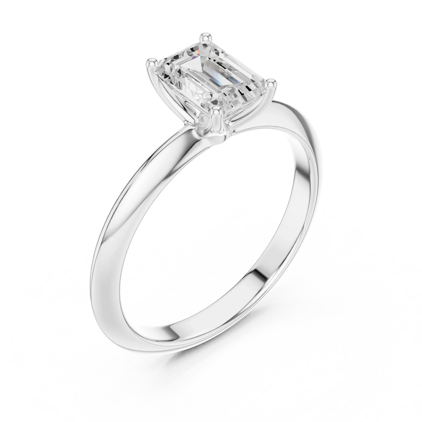 Front view of white gold emerald cut diamond solitaire ring, showcasing center stone