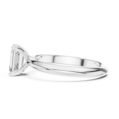 Side view of white gold emerald cut diamond solitaire ring, highlighting prong setting