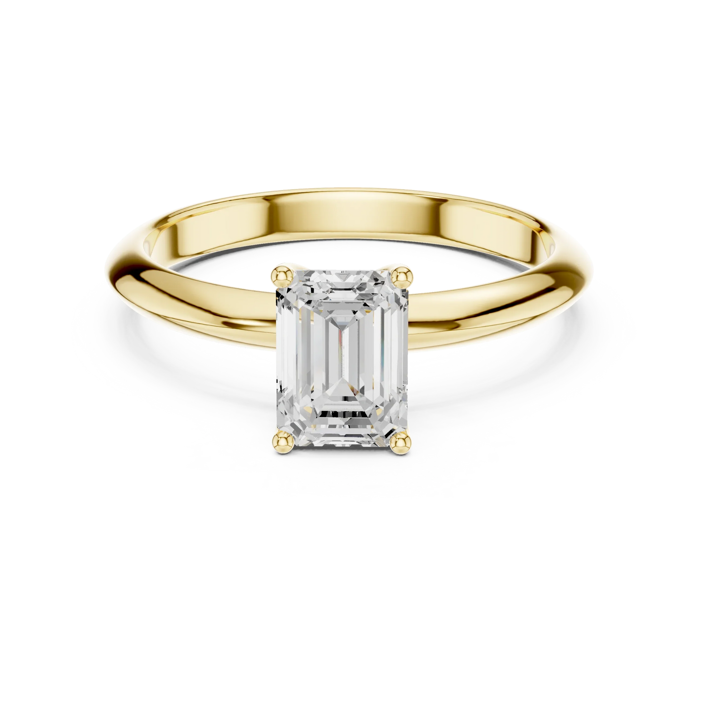 Lab-grown emerald cut diamond solitaire ring in yellow gold, classic top view