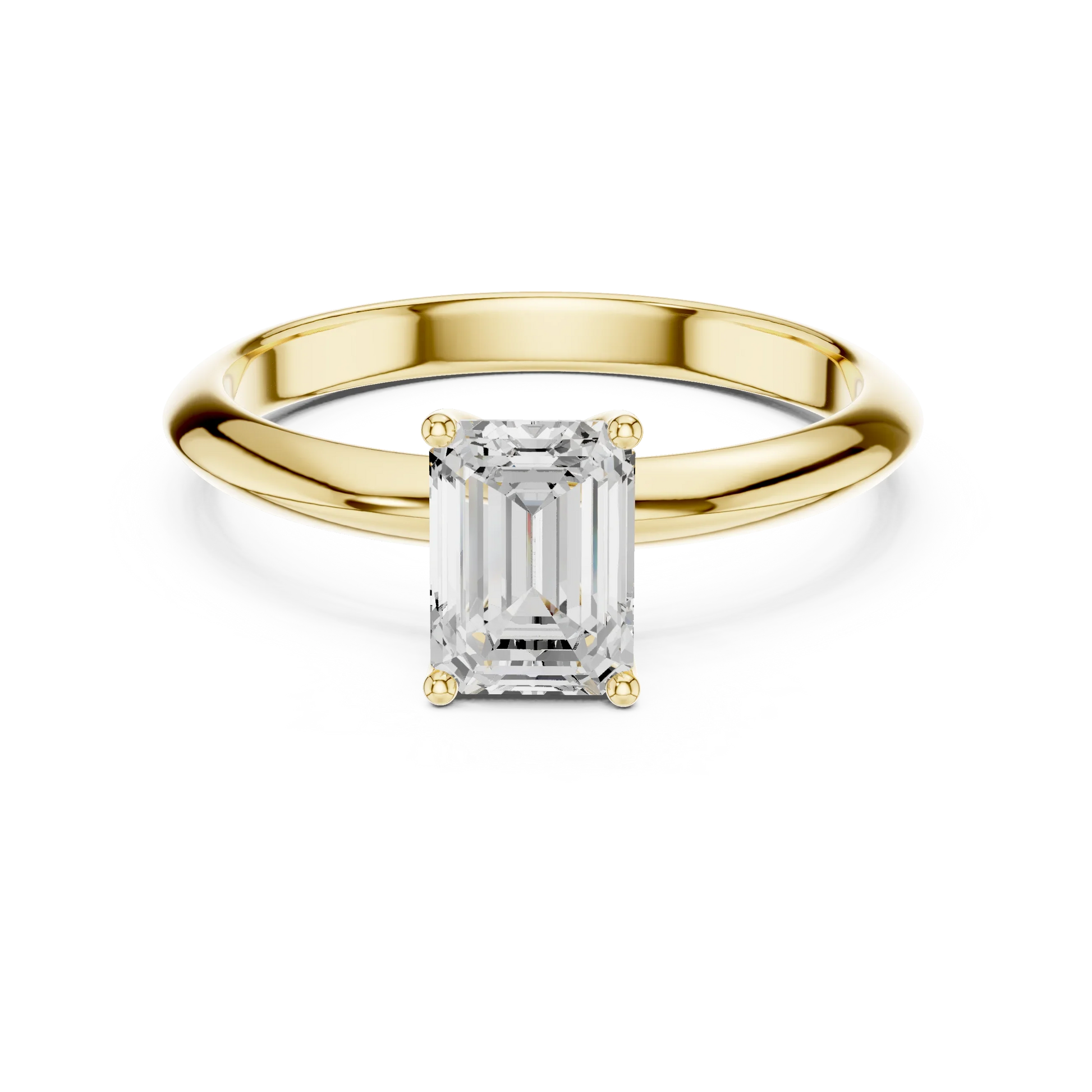 Lab-grown emerald cut diamond solitaire ring in yellow gold, classic top view