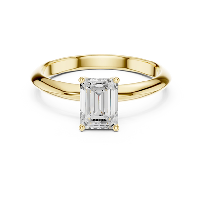 Lab-grown emerald cut diamond solitaire ring in yellow gold, classic top view