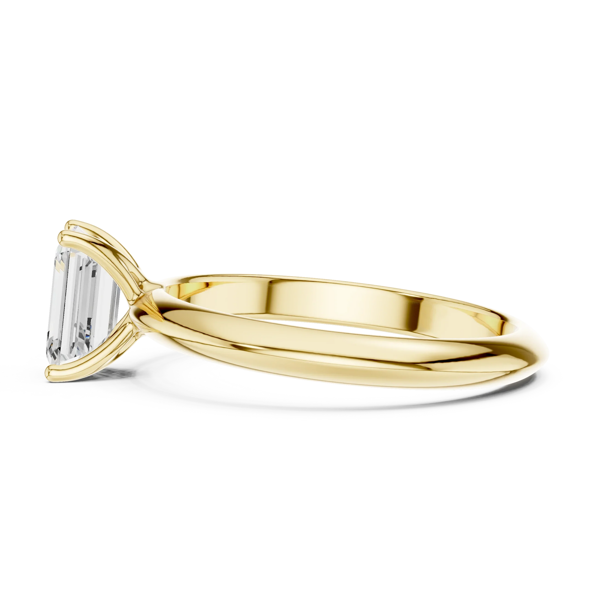 Side profile of yellow gold emerald cut diamond solitaire ring, highlighting stone height.