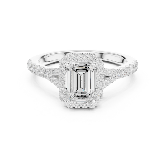 Lab-grown emerald halo diamond ring in white gold with pavé split shank band