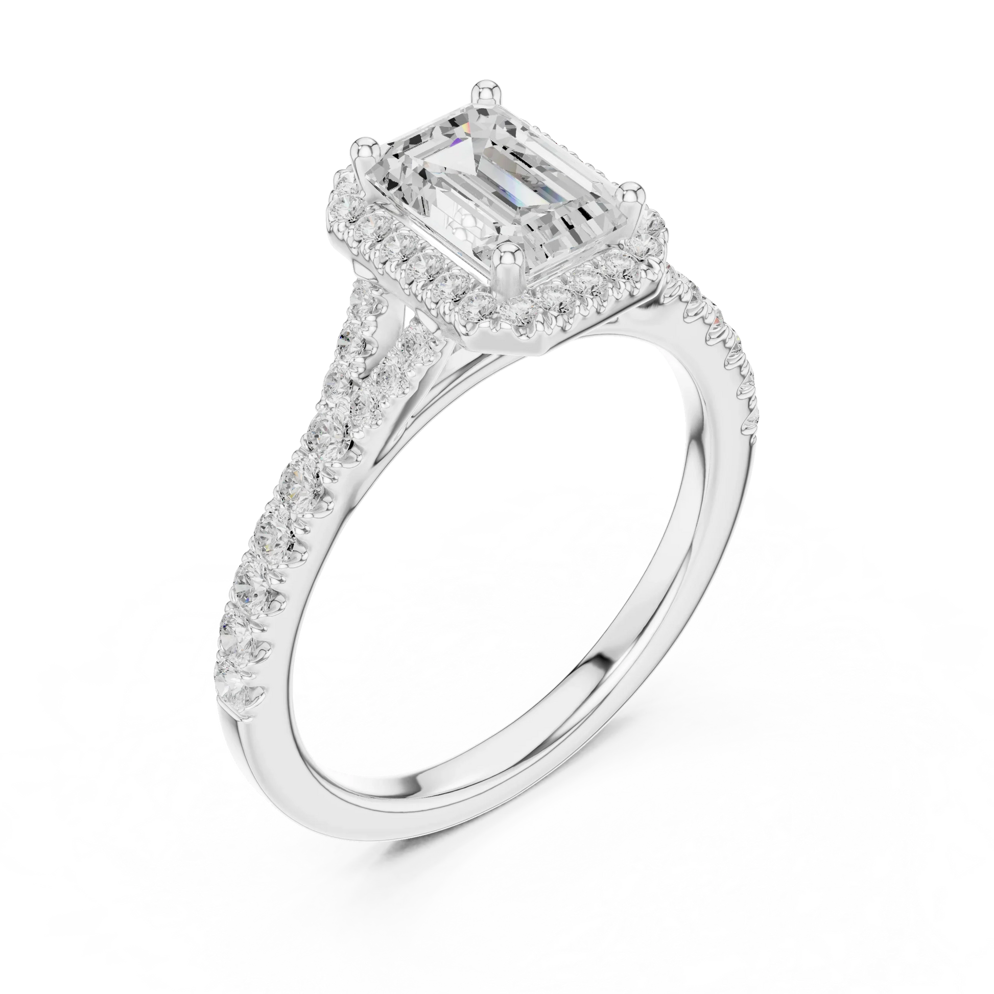 Front view of white gold emerald halo ring with pavé split shank band and center diamond