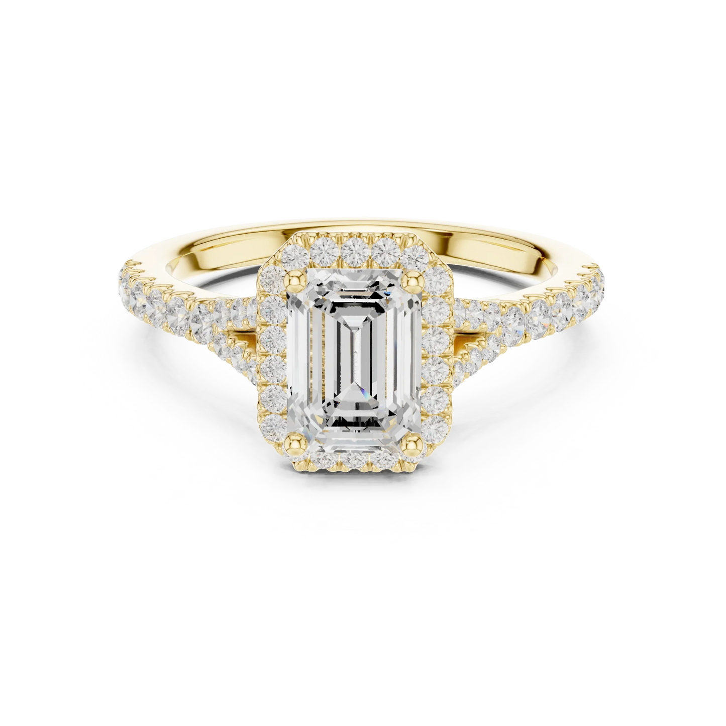 Lab-grown emerald halo diamond ring in yellow gold with pavé split shank band